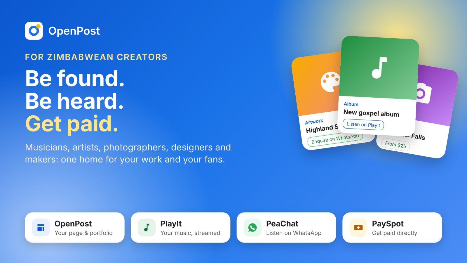 OpenPost, PlayIt, PeaChat and PaySpot work together to help Zimbabwean creators be found, be heard and get paid.